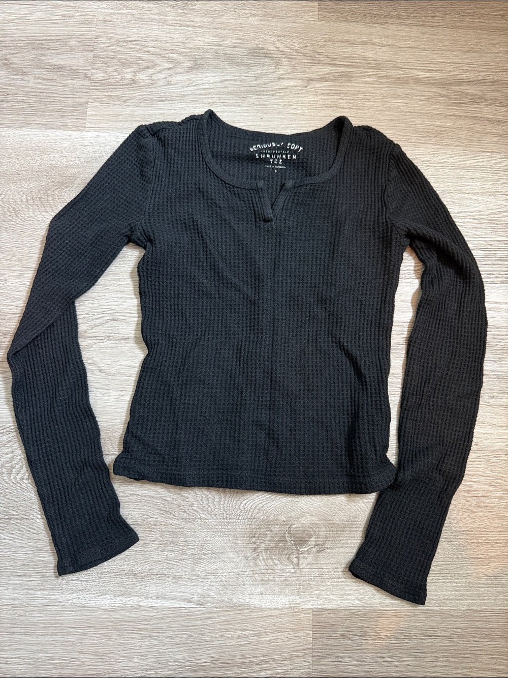 Aeropostale Seriously Soft Shrunken Tee Black Waffle-Knit Long Sleeve Small